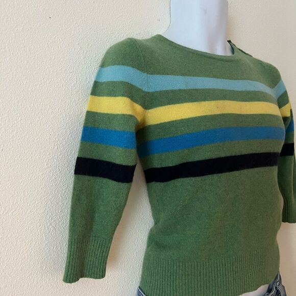 L.L. Bean Women's Pullover Cashmere Sweater XS Green Stripe Accent Blue Yellow - Picture 2 of 7